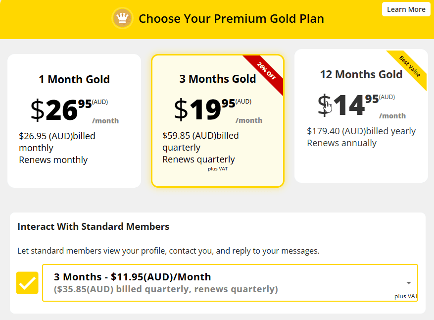 Adult FriendFinder Gold membership pricing in AUD shown at signup