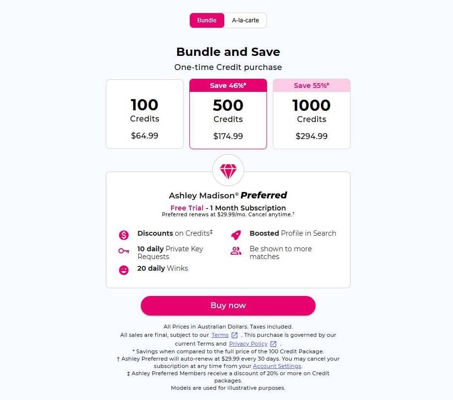 Ashley Madison Australia credit pack pricing shown during checkout