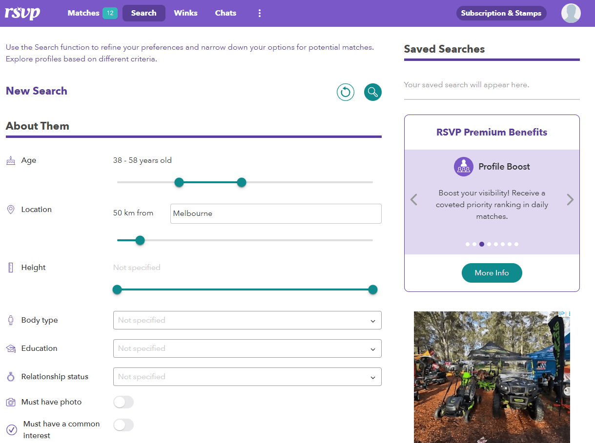 RSVP main browse interface showing profile cards and Wink/Stamp actions