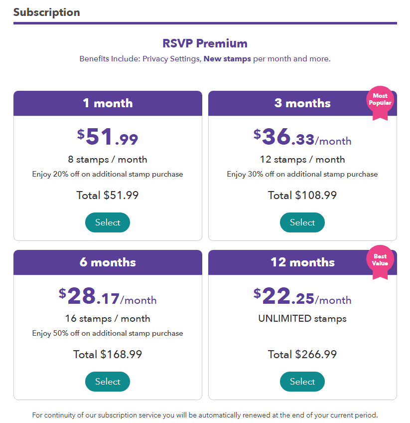 RSVP premium subscription pricing page visible only after account creation