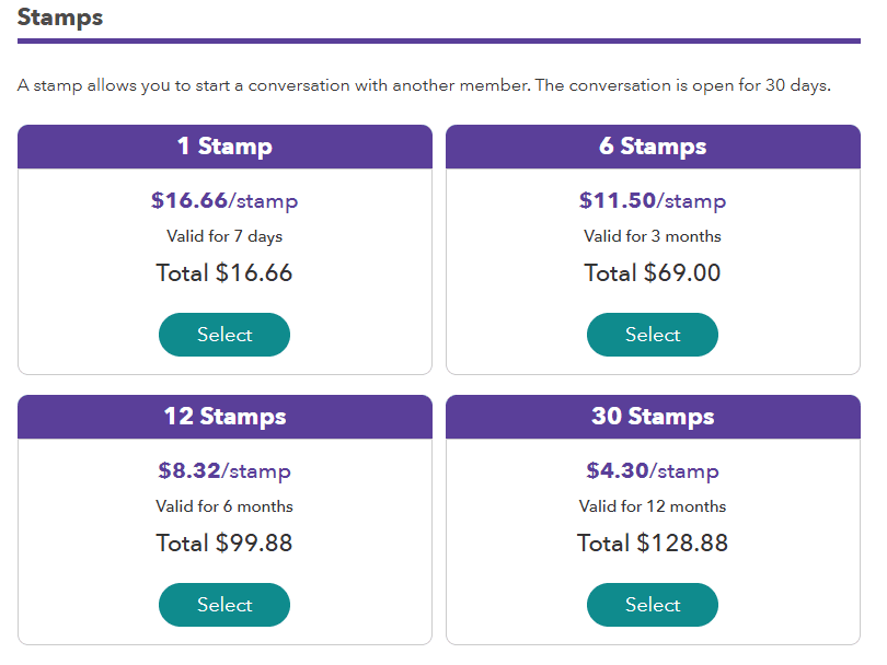 RSVP stamp purchase screen showing individual pack options and pricing