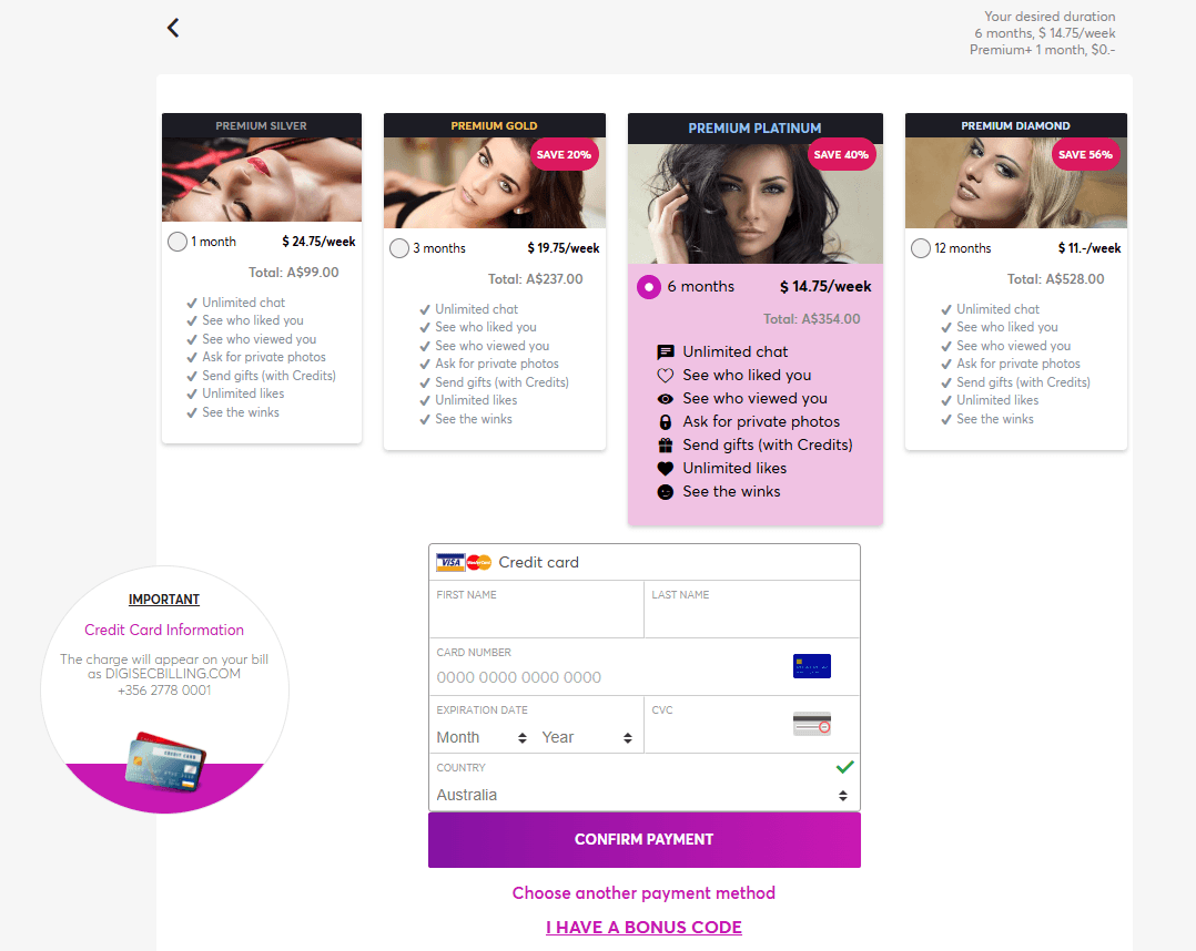 Victoria Milan subscription pricing in AUD displayed per week